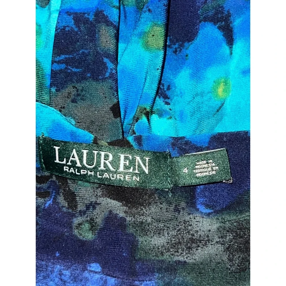Lauren Ralph Lauren Blue Floral Watercolor Ruched V-Neck Sheath Dress Size 4 - Picture 7 of 8